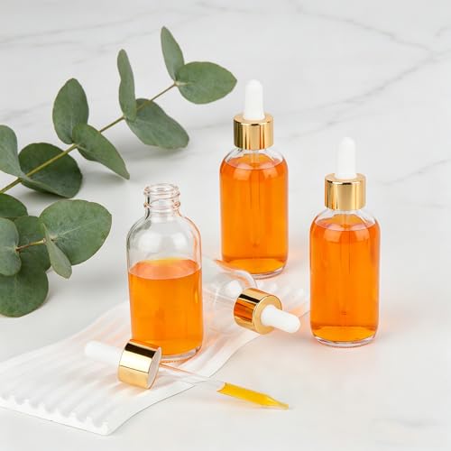 24 Pack 4oz Clear Glass Bottles with Golden Top Eye Droppers for Essential Oils, Perfumes & Lab Chemicals (Brushes, Funnels, Extra Droppers, Labels & Measuring Cup Included) - color: Gold