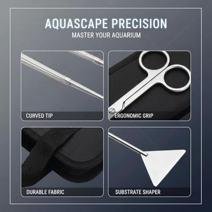 4 Pcs Aquatic Plant Tools for Aquarium, Aquascape Stainless Steel Kit, Tweezers, Scissors, Spatula with Canvas Bag, for Fish Tank Setup