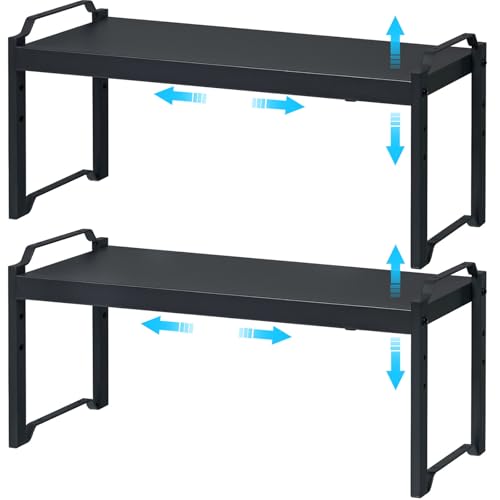 X-cosrack 25.5 Inches 2 Pack Expandable Cabinet Shelves, Stackable Shelf Organizer for Kitchen Cabinet Countertop Storage, Adjustable Counter Cupboard Pantry Organizer Shelf Rack Stand Riser, Black