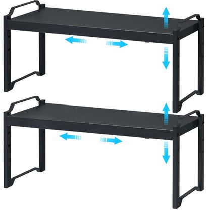 X-cosrack 25.5 Inches 2 Pack Expandable Cabinet Shelves, Stackable Shelf Organizer for Kitchen Cabinet Countertop Storage, Adjustable Counter Cupboard Pantry Organizer Shelf Rack Stand Riser, Black