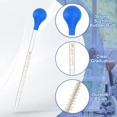 PATIKIL Graduated Dropper Pipettes Kit, 3 Pcs 2ml Borosilicate Glass Pipette with Blue Rubber Cap and Brush for Transfer Liquid for Lab, Chemistry, Clear - size: 2ml
