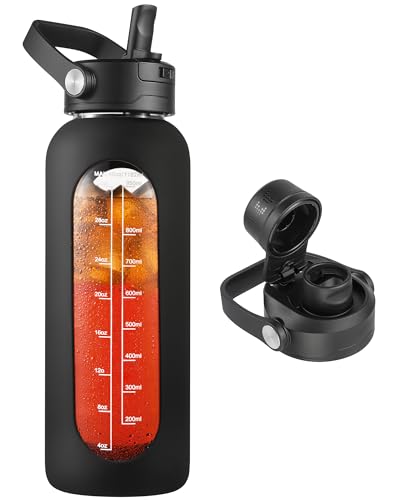 CIVAGO 40 oz Glass Water Bottle with Detachable Straw and Time Maker - color: Black, size: 40 Ounces