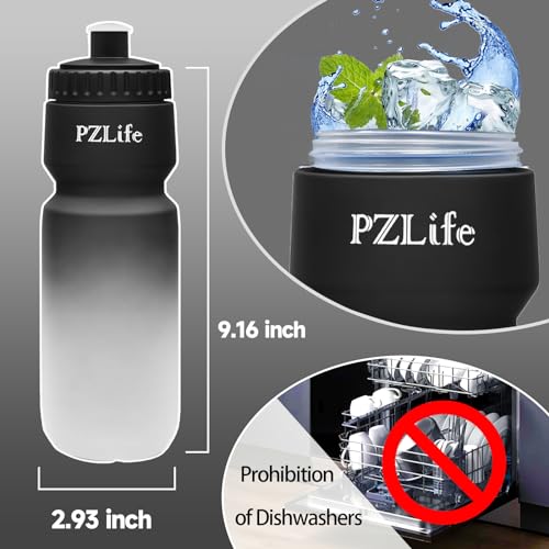 24oz Bike Water Bottle, Cycling Squeeze Water Bottle Leak Proof BPA Free | with Capacity Scale w/Pull Top Lid, Reusable, for Bicycle,Gym, School - color: y-Black+Black