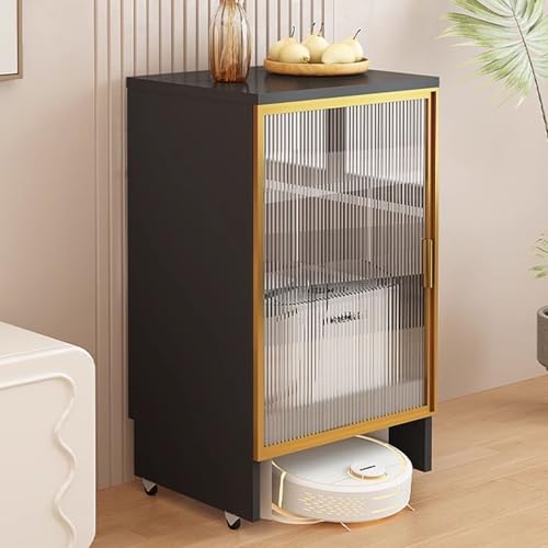 Robot Vacuum Cleaner Storage Rack,Robot Vacuum Storage Cabinet with Glass Door, Mobile Sweeping Robot Rack, Hidden Organizer for Floor Cleaning, Stylish Aquarium Stand for Living Room (Black