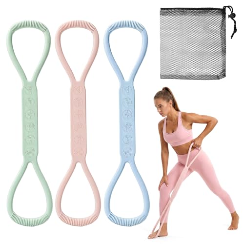 3-Piece Figure 8 Resistance Bands for Exercise with Handles, 8 Resistance Band for Physical Therapy - 10LB, 18LB, 24LB Silicone Set in Pink, Blue, Green for Home Gym & Fitness