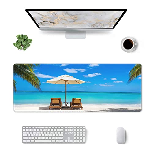 Beach Ocean Mouse Pad Stitched Edge XL Large Mousepad Rubber Base Non Slip Desk Mat for Gaming Laptop Pc Computer 31.5" X 12"