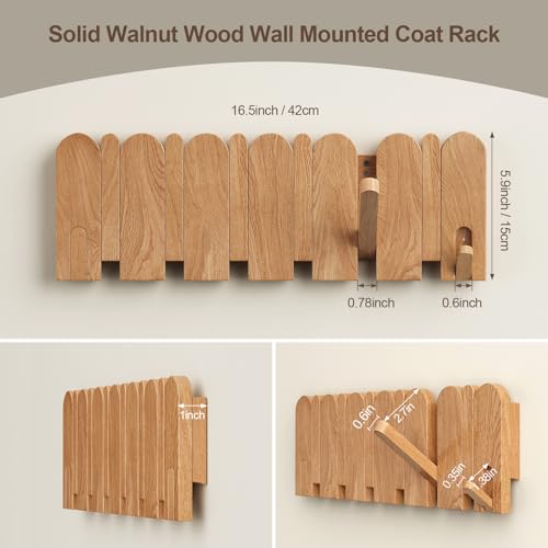Solid Walnut Coat Rack Wall Mount 16.5",Wall Mounted Coat Rack with 8 Hooks - color: Natural, size: 8 Hooks