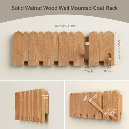 Solid Walnut Coat Rack Wall Mount 16.5",Wall Mounted Coat Rack with 8 Hooks - color: Natural, size: 8 Hooks