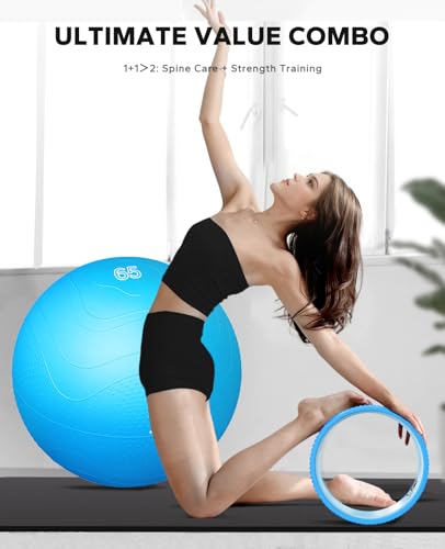 HAPBEAR Yoga Wheel Set with Exercise Ball, 12'' Back Roller Wheel for Back Pain Relief, Foam Roller for Back Stretching, Physical Therapy & Muscle Massage - color: Blue
