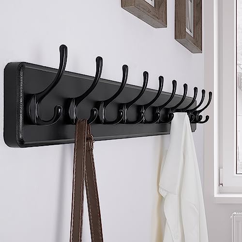 SKOLOO Rustic Wall Mounted Coat Rack, 10 Hooks, 38", Solid Wood, Black - color: Black, size: 38 inch