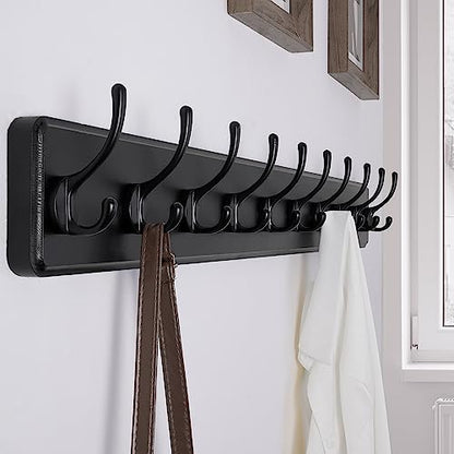 SKOLOO Rustic Wall Mounted Coat Rack, 10 Hooks, 38", Solid Wood, Black - color: Black, size: 38 inch