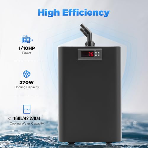 1/10 HP Water Chiller Machine, 42 Gallon Capacity, Hydroponic Cooling System, Efficient Cooling System, Quiet Titanium Fish Tank Water Chiller 50dB for Saltwater Freshwater Axolotl Coral