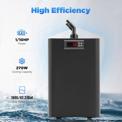 1/10 HP Water Chiller Machine, 42 Gallon Capacity, Hydroponic Cooling System, Efficient Cooling System, Quiet Titanium Fish Tank Water Chiller 50dB for Saltwater Freshwater Axolotl Coral