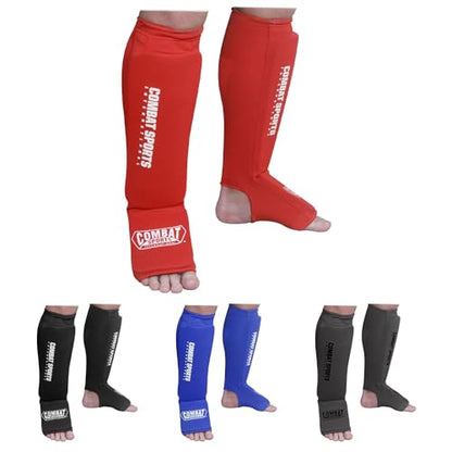 Combat Sports Elastic Cloth Shin & Instep Padded Guards - color: Red, size: Large