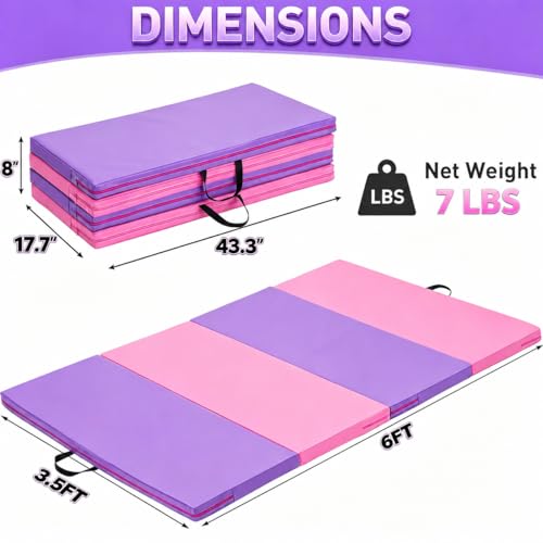 Gymnastics Mat, 3x6FT / 4x8FT 2" Thick Kids' Folding Tumbling Mat - color: 3.5x6FT-Pink&Purple