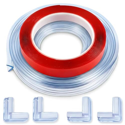 10ft Sharp Edge Protector Strip & 4 Clear Corner Guards for Furniture – Thick Cushion, Peel & Stick with Double-Sided Tape – Removable Table Corner Protectors for Sharp Edges, Cabinets & Countertops