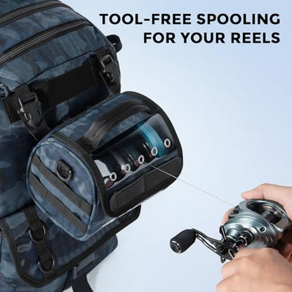 KastKing BaitSpace Line Management Bag, Fishing Line Storage Bag with Water Resistant Nylon, Clear View Window, Removable Divider, Tangle-free Leader Line Holder - color: B: Blue Camo-Medium
