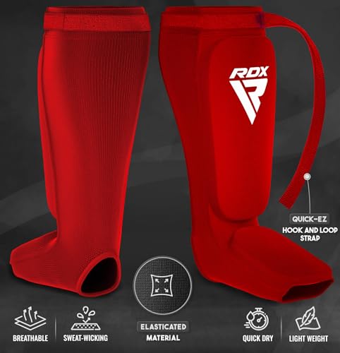 RDX Shin Guards Kickboxing Muay Thai, SATRA Approved, MMA Leg Instep Protection Pads, Sparring Training Martial Arts Boxing, Elasticated Padded Protector, Karate BJJ Taekwondo Gear, Men Women - color: Red White, size: Medium