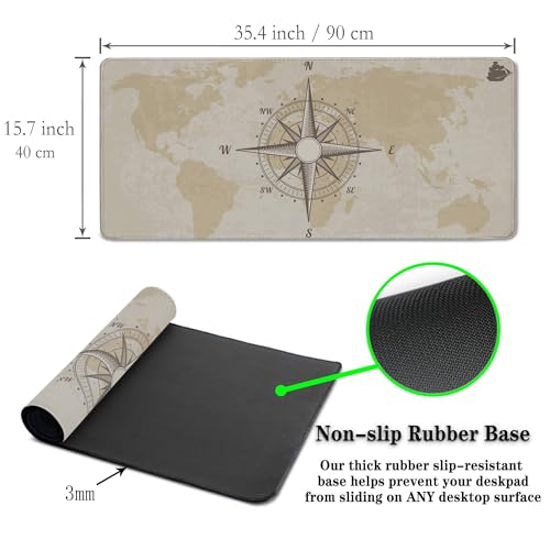 Office Desk Pad Compass Big Desk Mat, Gaming Mouse Pads Long Mousepad, Keyboard Pad Waterproof Non-Slip Rubber Base, 35.4 X 15.7 inch for Work/Game/Office/Home Old World Map Nautical Compass - color: Old Compass