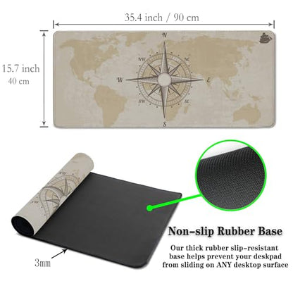 Office Desk Pad Compass Big Desk Mat, Gaming Mouse Pads Long Mousepad, Keyboard Pad Waterproof Non-Slip Rubber Base, 35.4 X 15.7 inch for Work/Game/Office/Home Old World Map Nautical Compass - color: Old Compass