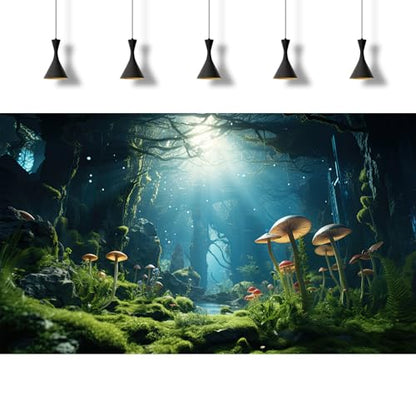 Jungle Rainforest Fish Tank Background Tropical Underwater Cave Aquarium Background Mushrooms Lush Green Moss Terrarium Backgrounds Lake Stream Rock Reptile Tank Backgrounds Wallpaper Poster 48x18in - size: 48(W)x18(H)inches/ 120(W)*45cm(H)