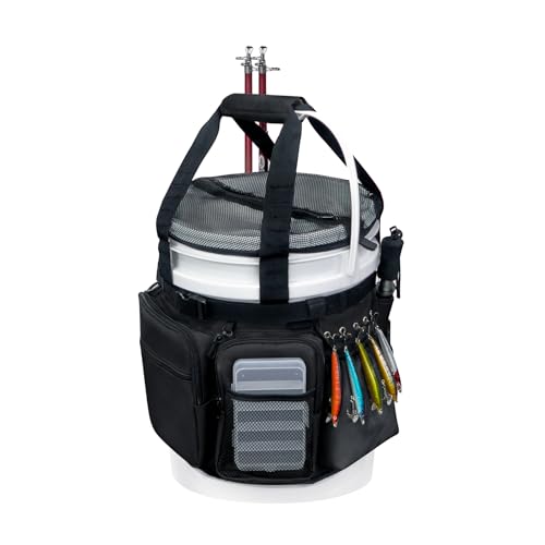 Fishing Bucket Organizer with Bucket Cover Fishing Tackle Bag with Rod & Plier Holder, Multi-Pockets for 5 Gallon Bucket Fishing Gear & Accessories Father Gifts