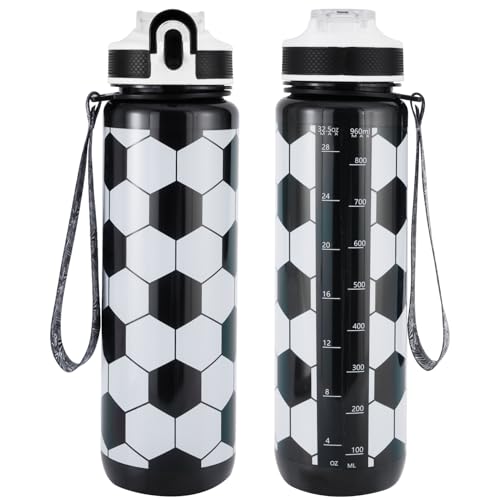 EYQ 32oz Water Bottle with Straw, Time Marker, Blue Purple - color: soccer