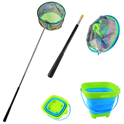 Floating Telescopic Folding Net with 7 Inch Pliers & Lip Gripper - Kids Fishing Net with Foldable Sand Bucket & Fishing Gear Accessories