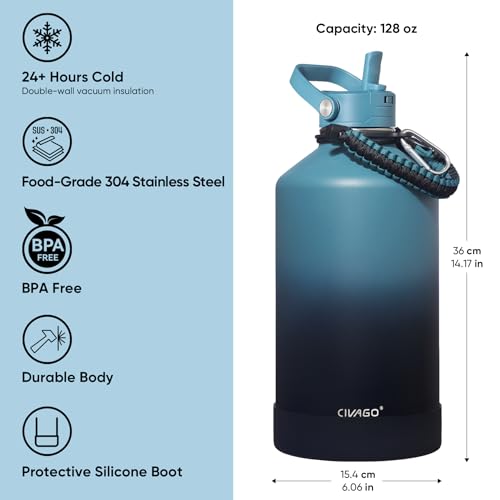 CIVAGO Gallon Insulated Stainless Steel Water Bottle with Removable Straw | 128 oz Large Leakproof Water Jug, Big Metal Sports Flask Cup with Bucket Handle, Silicone Boot, Dishwasher Safe, Army Green - color: Army Green, size: 128 Ounces
