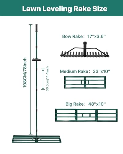Lawn Leveling Rake 33x10'', Yard Leveling Rake with 78'' Back-Saving Adjustable Handle, Stainless Steel Lawn Leveler Tool with 17'' Tines Head for Garden, Backyard, Farm, Golf Course - style: 33’‘x10’‘ with 17'' Bow Rake
