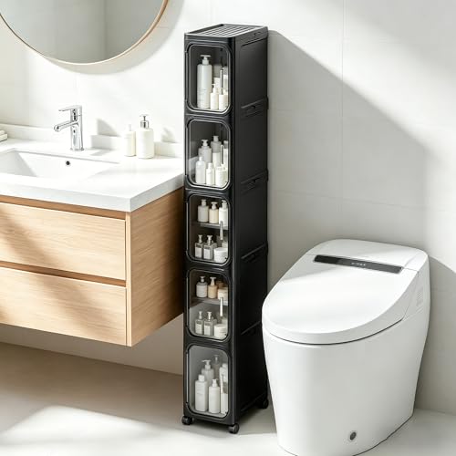 5-Tier Narrow Storage Cabinet Slim Bathroom Storage Cabinet with Movable Wheels Tall Bathroom Organizer Skinny Cabinet for Small Spaces, Black - color: Black, size: 5-tier