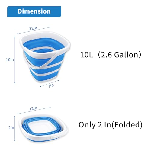 2 Pack Collapsible Buckets 10L 2.6 Gallon Cleaning Bucket Mop Bucket Folding Foldable Portable Small Plastic Water Supplies for Outdoor Garden Camping Fishing Car Wash Space Saving Square Grey Blue