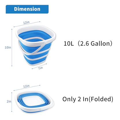 2 Pack Collapsible Buckets 10L 2.6 Gallon Cleaning Bucket Mop Bucket Folding Foldable Portable Small Plastic Water Supplies for Outdoor Garden Camping Fishing Car Wash Space Saving Square Grey Blue