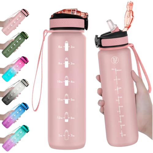 EYQ 32oz Water Bottle with Straw, Time Marker, Blue Purple - color: 9.Rose Pink