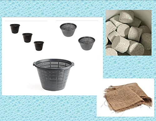 6 Assorted Round Plastic Mesh Pond Plant Basket Kit with Plant Food & Hessian Squares, Round Plastic Planting Pots Water Garden Pot for Pond Aquarium Aquaponics, Hydroponics