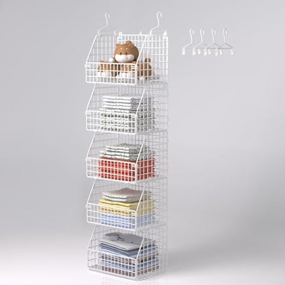 Hanging Closet Organizer and Storage, Clothes Hanging Shelves Wire Baskets for Clothing Sweaters Purse Handbags Shoes White 5 Tier - color: White-5pcs