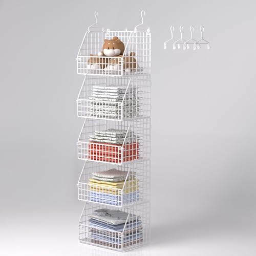 Hanging Closet Organizer and Storage, Clothes Hanging Shelves Wire Baskets for Clothing Sweaters Purse Handbags Shoes White 5 Tier - color: White-5pcs