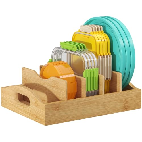 Lifewit Bamboo Lid Organizers for Inside Cabinet, Food Storage Container Lid Holder with 4 adjustable Inserts & 5 Sections, Kitchen Pantry organizer and storage, 10.6" X 8.3" - size: Medium(10.6" x 8.3")