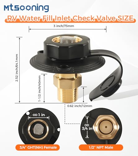 RV City Water Fill Inlet with Elbow Check Valve, 3/4 NH Female to 1/2 NPT Male RV Water Hose Brass Connector Replacement for RV Camper Motorhome Trailer Marine Black