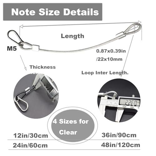 5pcs 24 inch Vinyl Cover Coated Stainless Steel Wire Rope Lanyard Cable Tether Safety Strap with Hooks and 2 Loops (4mm Thickness), Clear - color: 5pcs_Clear, size: 24"/60cm