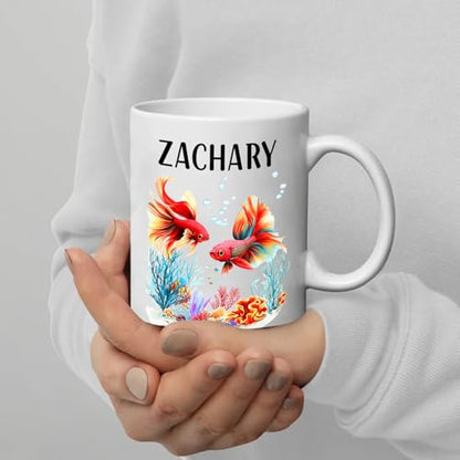 Personalized Betta Fish Coffee Mugs Gifts For Friends Coworkers, Custom Name Betta Fish White Mugs 11 Oz, Betta Fish Coffee Cup Gift For Betta Fish Lovers Birthday, Siamese Fighting Fish Accent Mug