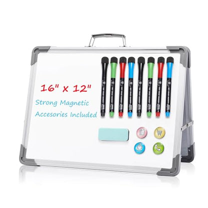 Small Dry Erase White Board - 12" x 16" Mini Easel Desktop Double Sided Whiteboard, Portable Magnetic Board on Table Top with Holder for Drawing, Teacher Instruction, Memo Board - color: Gray