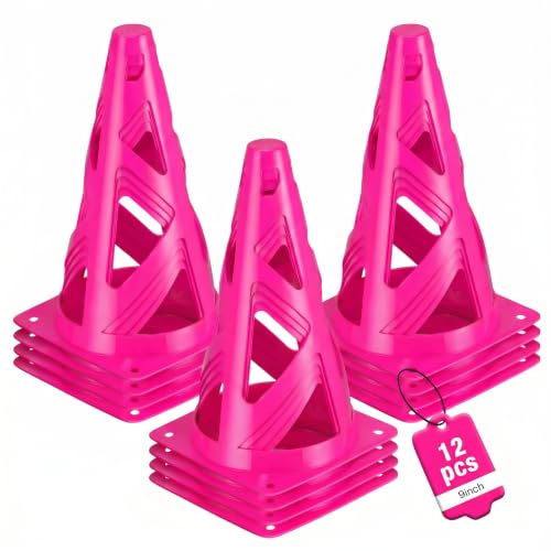 12 Pack Soccer Cones, 9 Inch Agility Cones for Soccer, Football, Basketball, Cones for Sports Training, Speed & Agility Drills, Field Marking Equipment - color: pink