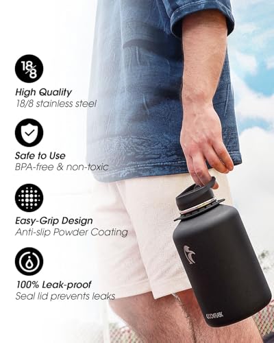 Coolflask Half Gallon Water Bottle Insulated Stainless Steel with Strap - color: Magic Black, size: 64 Ounces