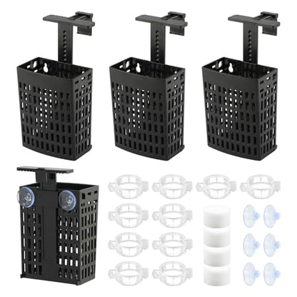 4 Pack Adjustable Aquarium Plant Holders, Hanging Hydroponic Baskets for Fish Tank, Height-Adjustable Extendable Hook, Include Plant Clips & Grow Sponges