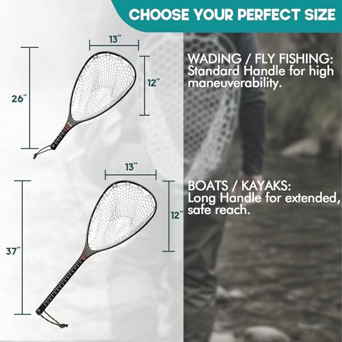 Riverruns Fly Fishing Landing Net Carbon Fiber Trout Net with Measurement Handle, Soft Rubber Mesh - 26" Standard (Wading) / 37" Long (Kayak)