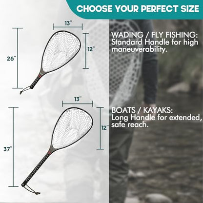 Riverruns Fly Fishing Landing Net Carbon Fiber Trout Net with Measurement Handle, Soft Rubber Mesh - 26" Standard (Wading) / 37" Long (Kayak)