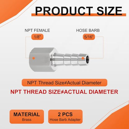 2 Pack Stainless Steel Hose Barb to NPT Male Adapter, 5/16" Barb x 1/8" NPT Female for Industrial, Automotive, Fluid Transfer, Home Gardening - size: 5/16" Barb To 1/8" NPT Female