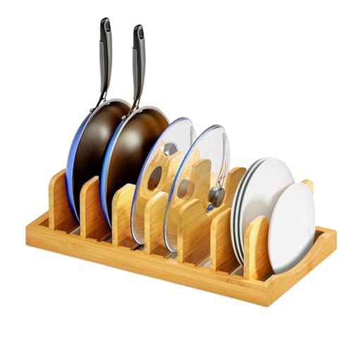Bamboo Pot Lid Organizer for Cabinet & Kitchen Counter, Pan Lid Organizer Inside Cabinet, Pot Lid Holder, Sheet Pan Rack, Adjustable Pot Cover Holder Rack for Countertop, Under Cabinet - color: Brown