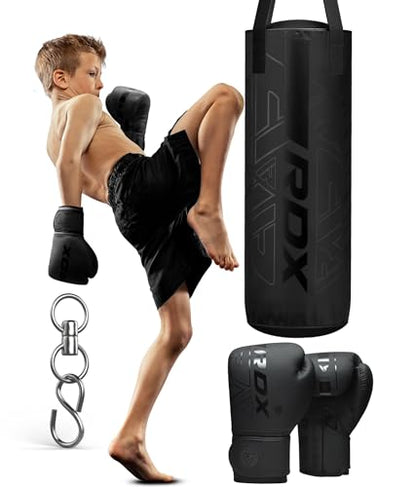RDX Kids Unfilled Punching Bag Set 2FT, Non Tear Maya Hide Leather Kara Junior Hanging Bag for Kickboxing MMA Muay Thai Taekwondo Karate BJJ Strength Training, Home Gym Equipment - color: BLACK